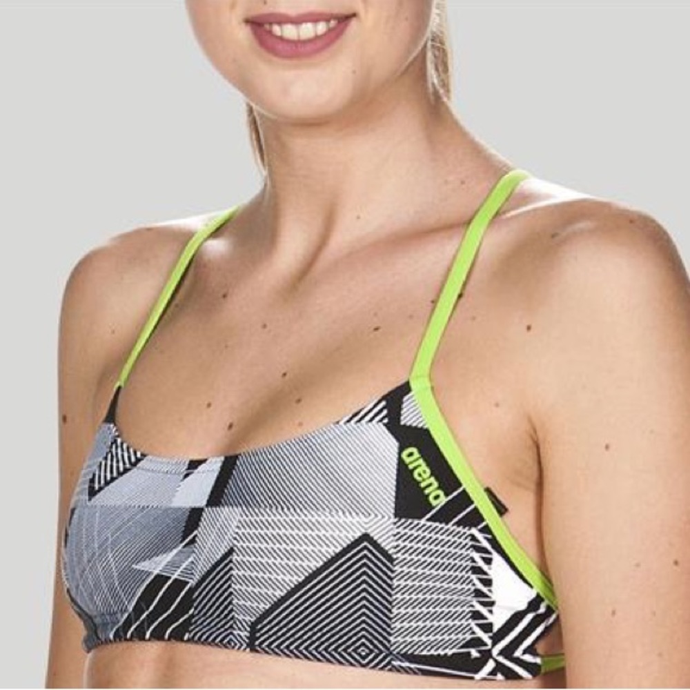 ARENA Bandeau Black White with Green Trim Bra Leaf Print Large New with Tags